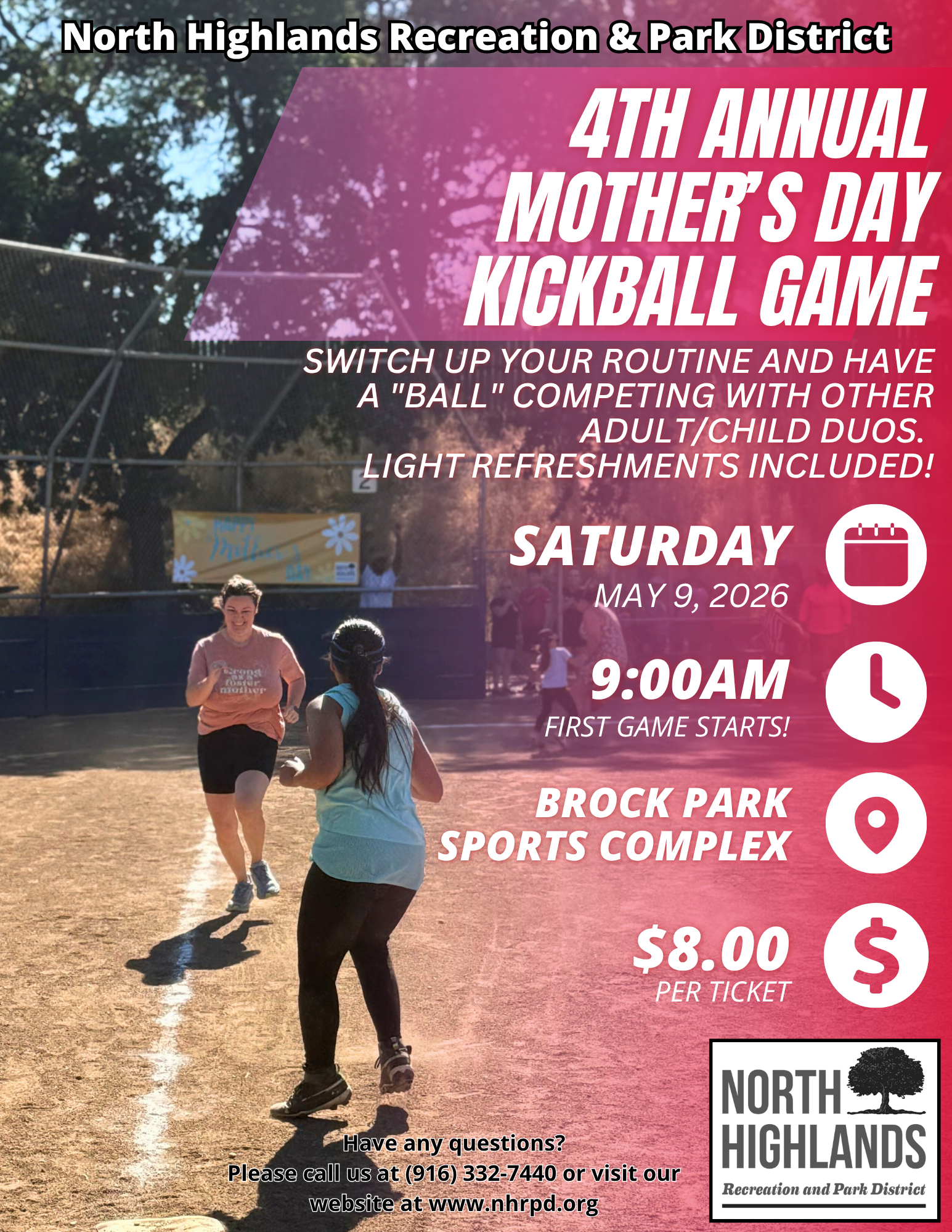 Join the 4th Annual Mother's Day Kickball Game on May 9, 2026, at Brock Park Sports Complex. Starts at 9 AM. $8 ticket!