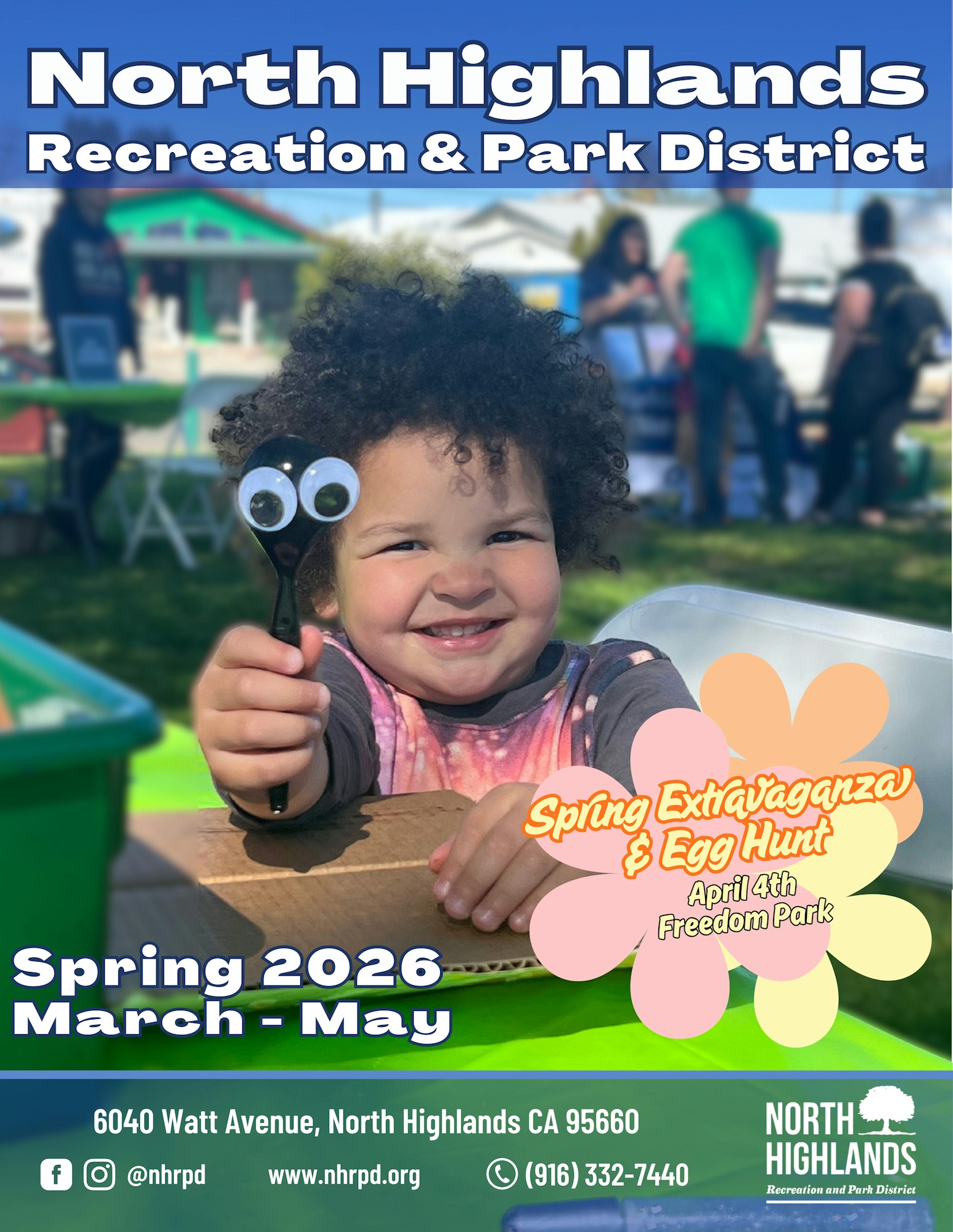 The image promotes the North Highlands Spring Extravaganza & Egg Hunt on April 4th, 2026, at Freedom Park.