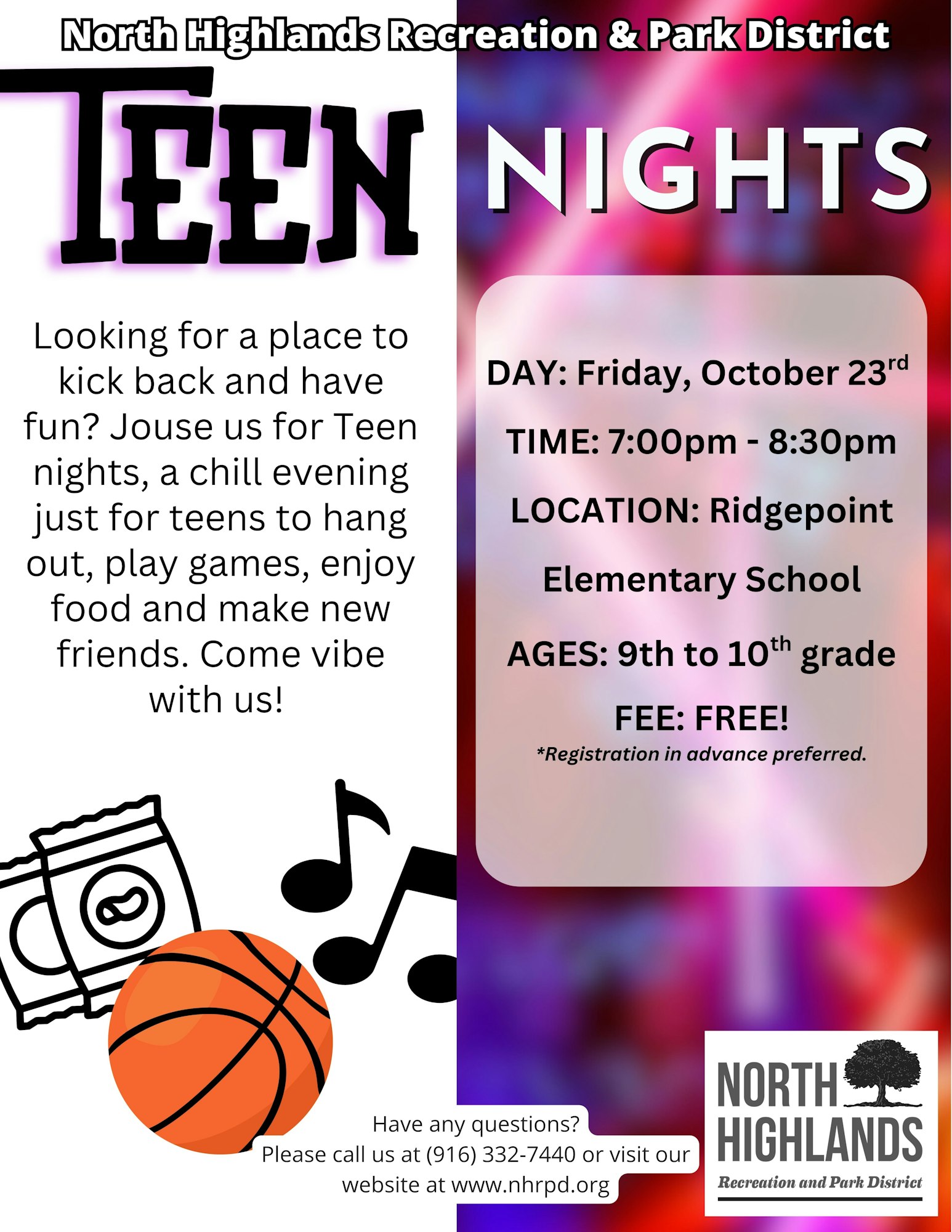Teen Night at Ridgepoint Elementary on Oct 23, 7-8:30 PM for 9th-10th graders. Free fun with games, food, and new friends!