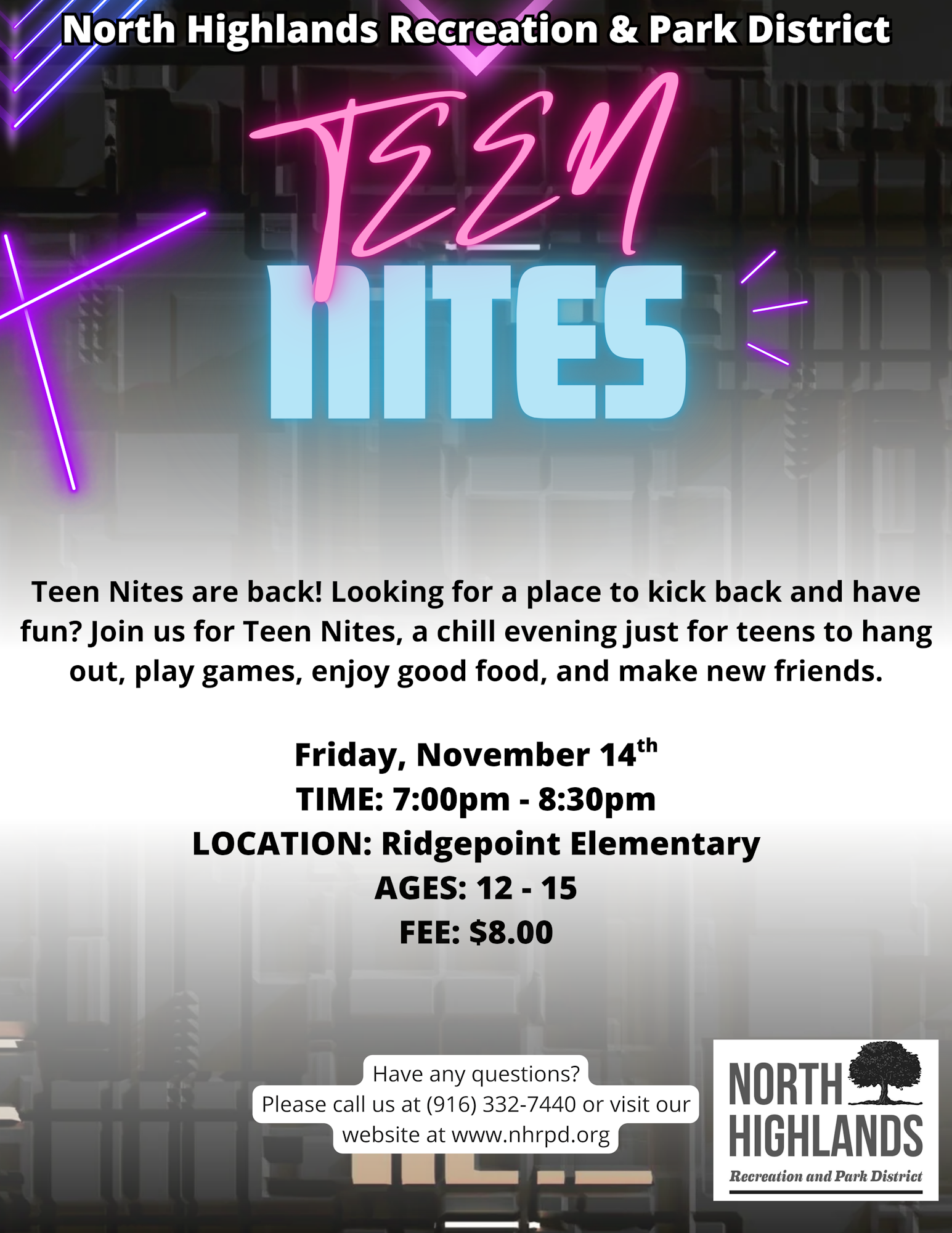 Flyer for "Teen Nites" event on November 14, 7-8:30pm at Ridgepoint Elementary for ages 12-15, $8 fee. Contact info included.