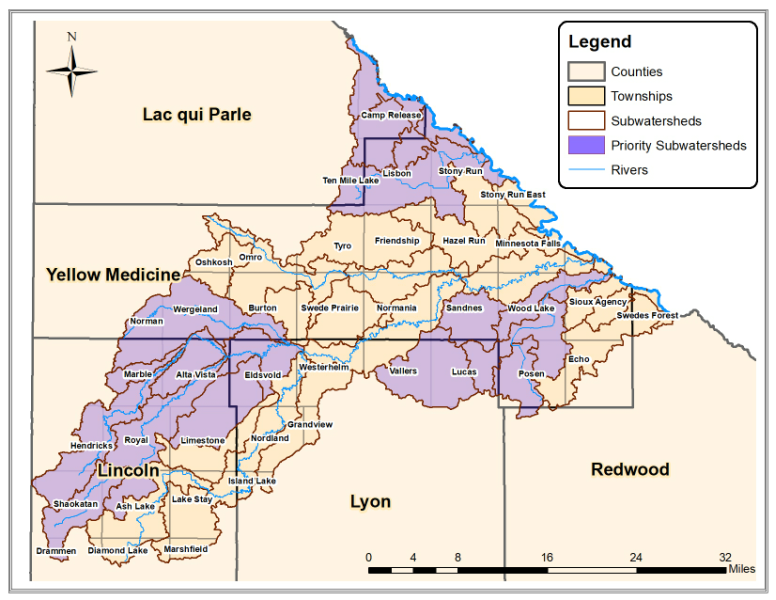 A map showing counties, townships, subwatersheds, priority subwatersheds, and rivers with a legend.