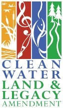 Logo with text "Clean Water, Land & Legacy Amendment" and symbols for fish, plants, music, and trees in color blocks.