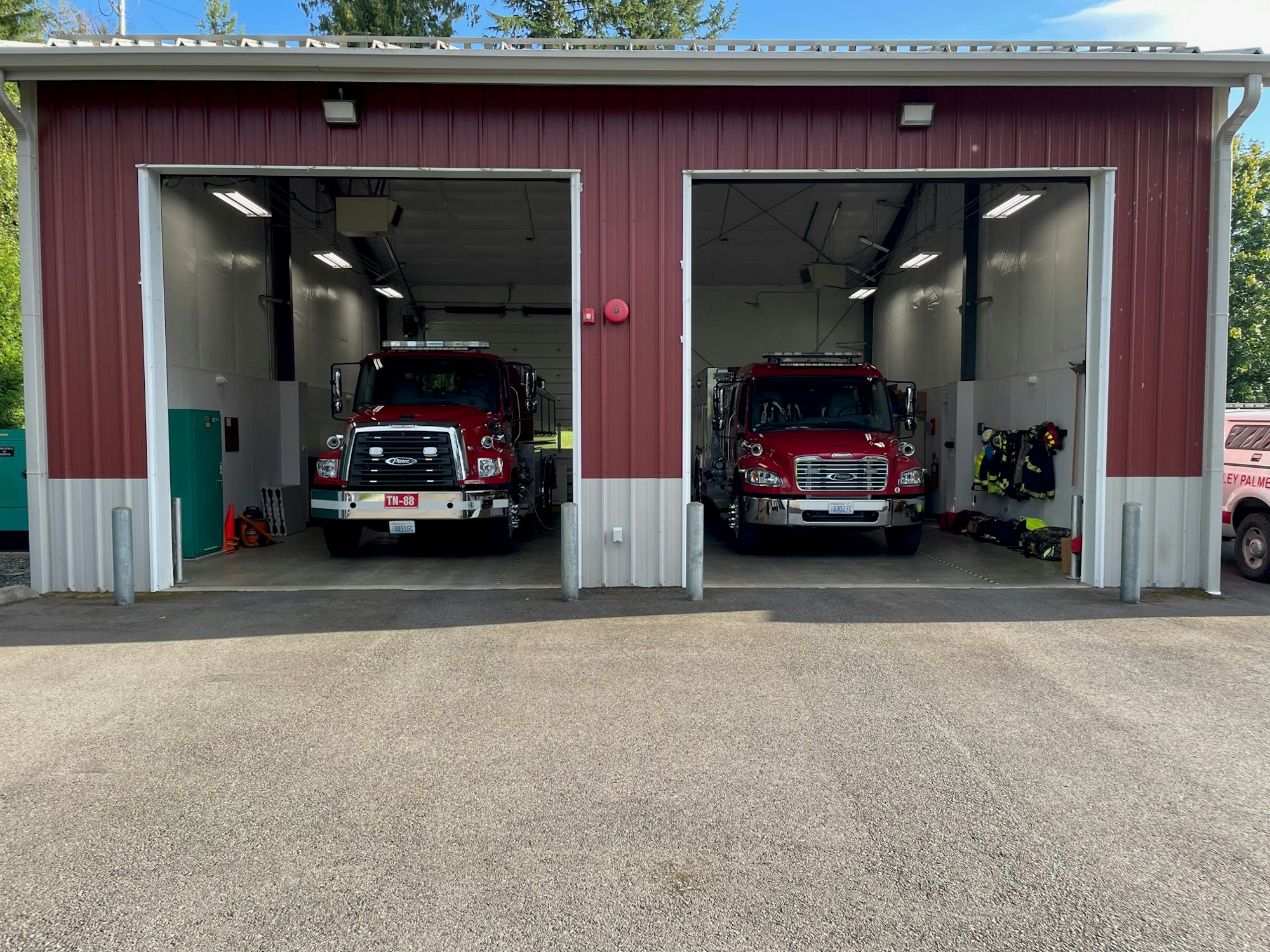May contain: car, transportation, vehicle, fire station, fire truck, and truck