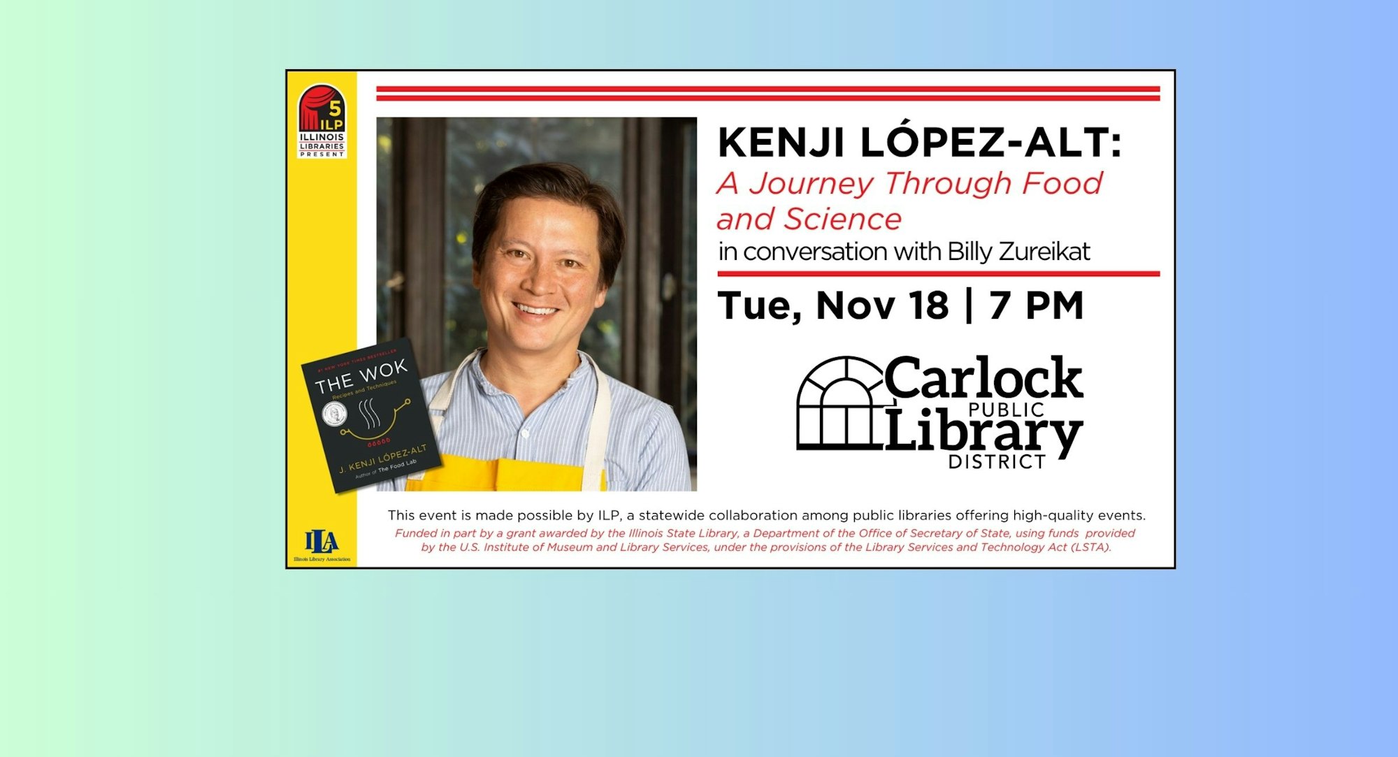 Event poster for "Kenji López-Alt: A Journey Through Food and Science" at Carlock Public Library, Nov 18, 7 PM.