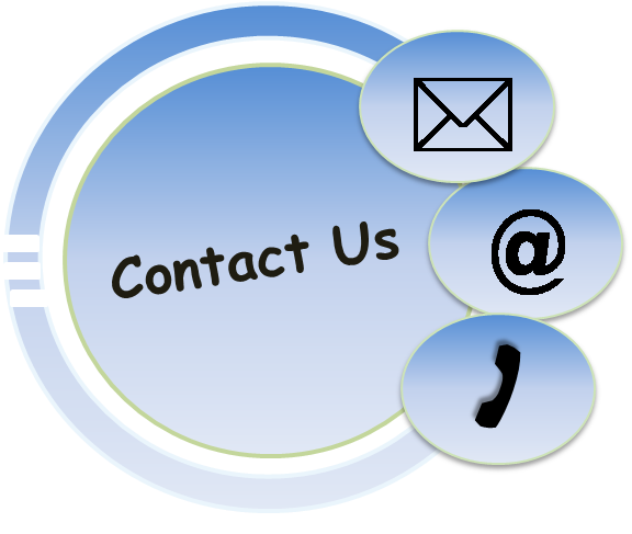 Image of an envelope, @ symbol and a phone with the text "contact us"