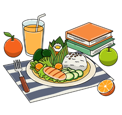 A meal with rice, grilled chicken, vegetables, juice, fruits, and books on a striped placemat.