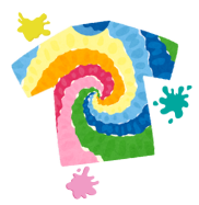 A colorful tie-dye t-shirt with a spiral pattern and paint splatters around it.