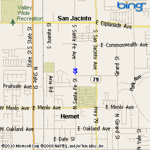 The image shows a map of Hemet and San Jacinto, California, highlighting streets and nearby locations.
