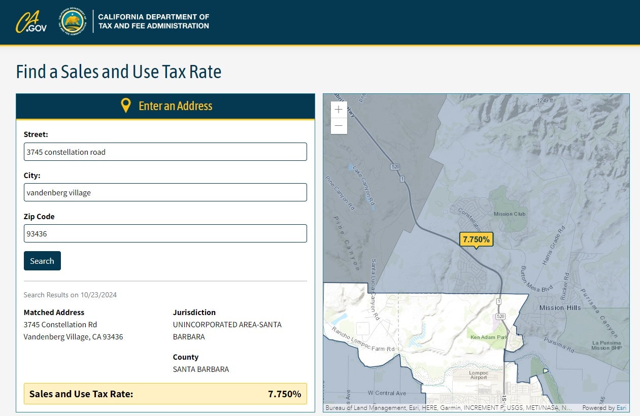 A webpage showing California's Sales and Use Tax Rate with a map, an address input section, and a highlighted 7.750% tax rate.