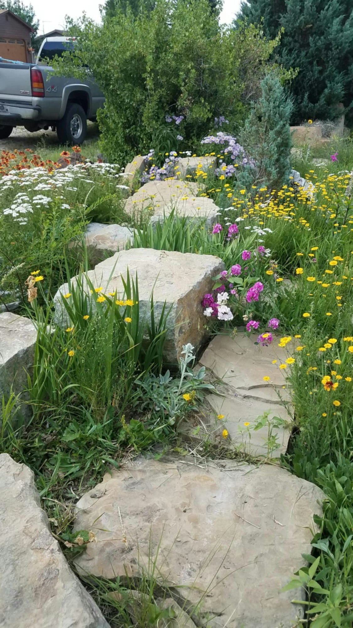 Pathway with stones and colorful flowers, a parked truck, and lush greenery.