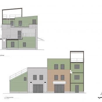 Architectural drawings of a modern house's front and side elevations.