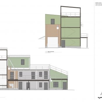 Architectural drawings showing elevation views of a modern house design.