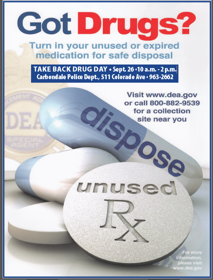 A poster for drug take-back day with pills, inviting to dispose of unused medication.