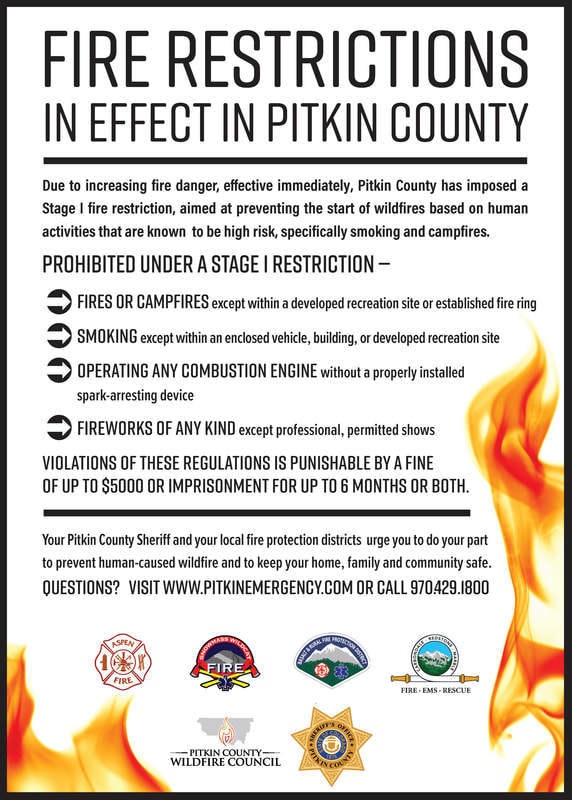 A fire restriction notice for Pitkin County outlining banned activities like campfires and fireworks, mentioning fines and imprisonment penalties.