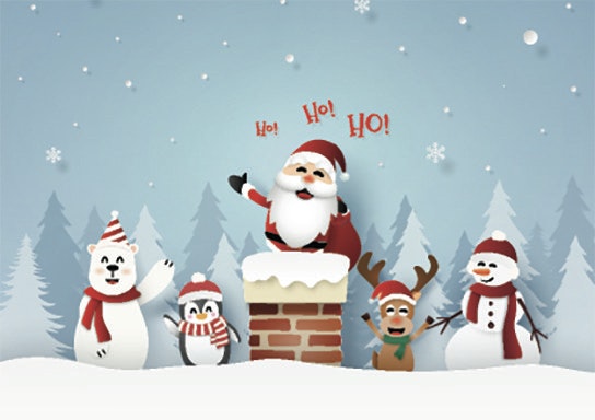 An illustration of Santa in a chimney with snowmen, a reindeer, snow, and trees, with "Ho! Ho! HO!" text.