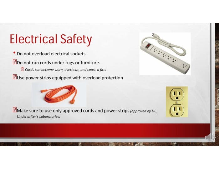 A slide listing tips for electrical safety, with images of a power strip and an outlet.