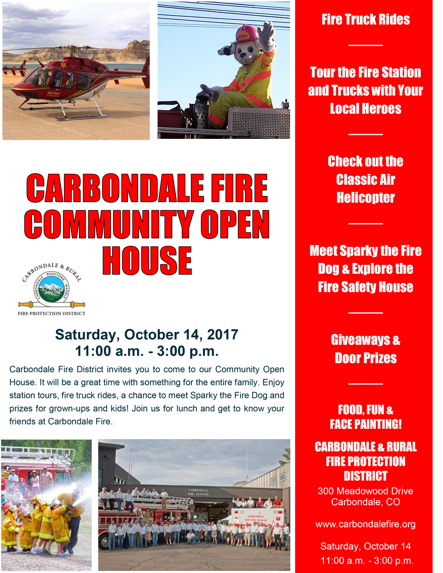 Flyer for a fire station open house with activities like fire truck rides and a helicopter tour, featuring "Sparky the Fire Dog."