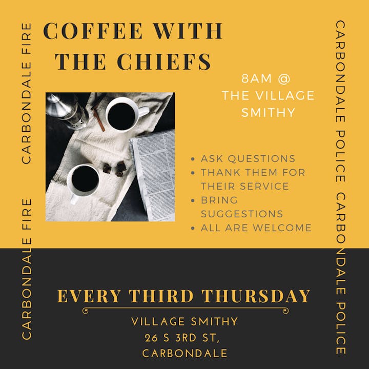 Event ad for "Coffee with the Chiefs" featuring time, location, activities like asking questions, thanking, and suggestions. Everyone is welcome.