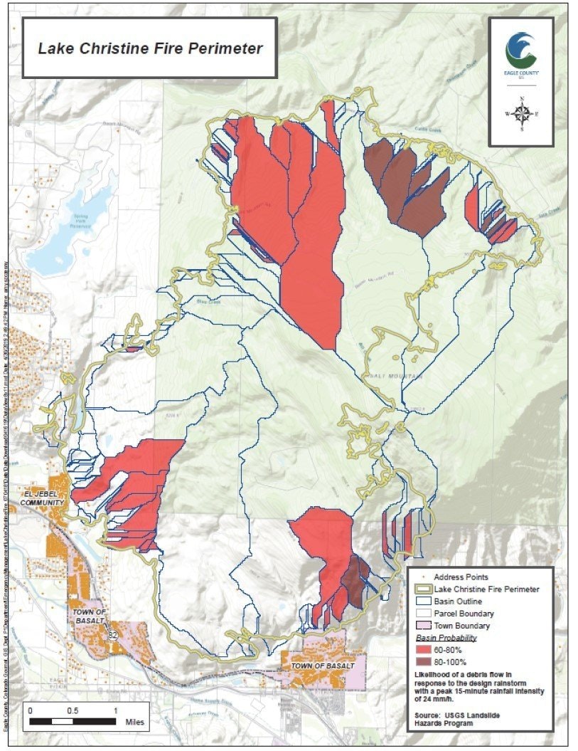 A map showing Lake Christine Fire perimeter with areas at risk for debris flow.