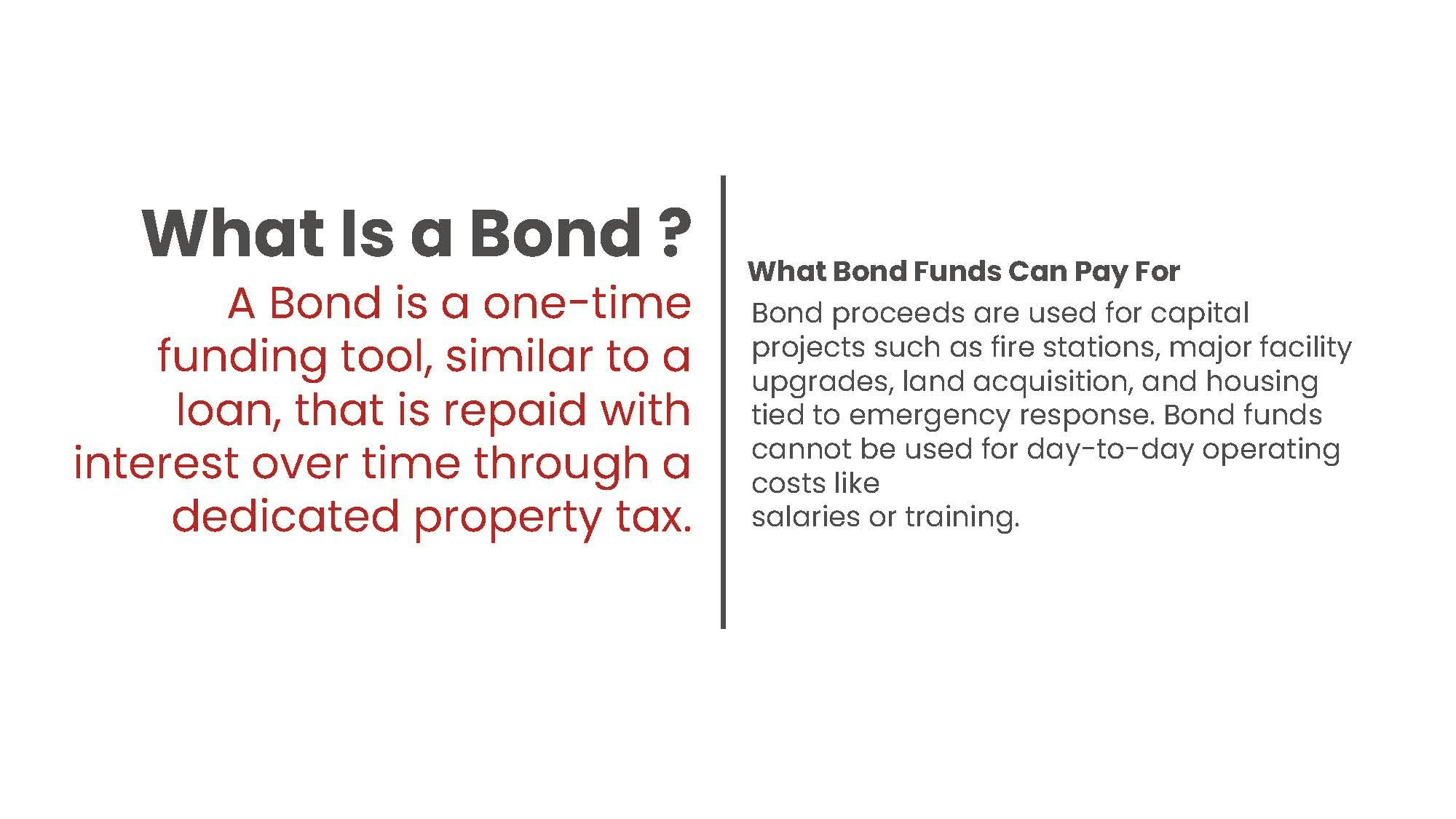 Explanation of bonds as funding tools and their use for capital projects, not for daily costs like salaries or training.