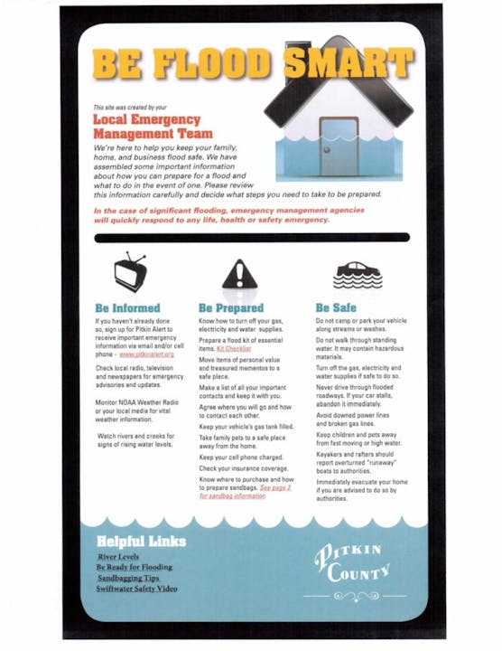 An informative flyer titled "BE FLOOD SMART," with flood preparation tips from a Local Emergency Management Team, including advice on staying informed, prepared, and safe.