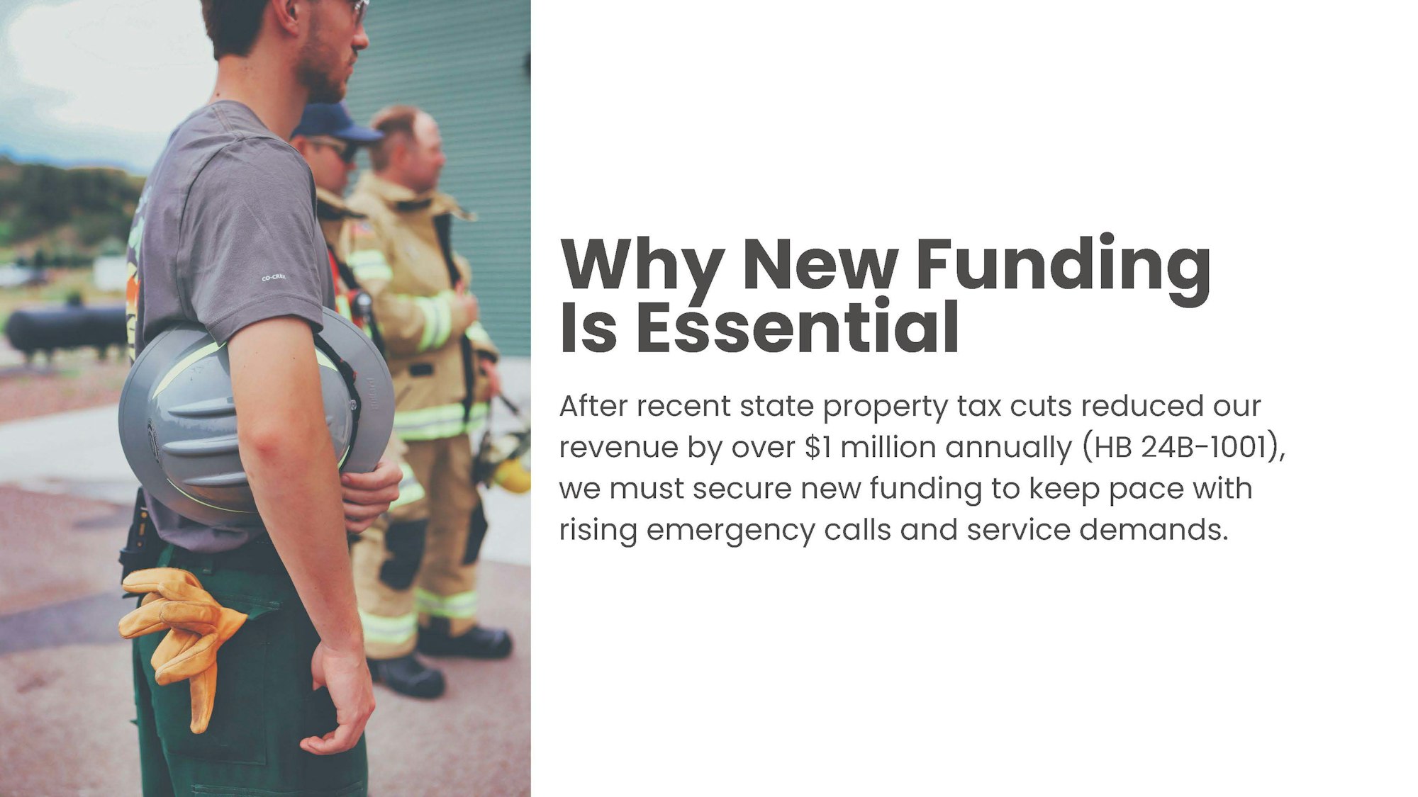 Firefighters with a helmet and text about essential new funding due to state property tax cuts impacting emergency services.