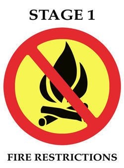 Stage 1 Fire Restrictions sign with a no-fire symbol.