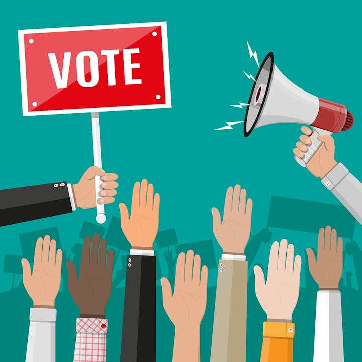 A "VOTE" sign, a megaphone, and diverse raised hands symbolizing democracy and elections.