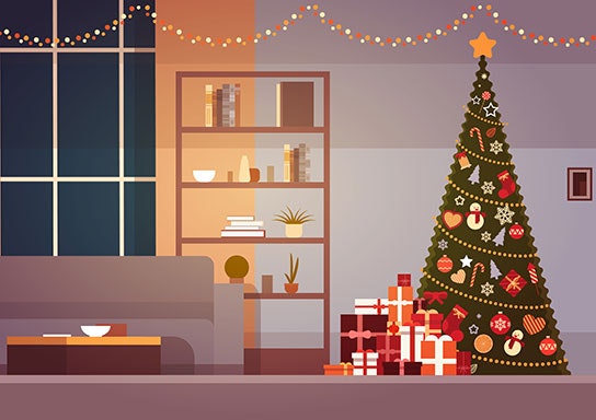 Illustration of a cozy room with a decorated Christmas tree and presents, a sofa, a bookshelf, festive lights, and a window.