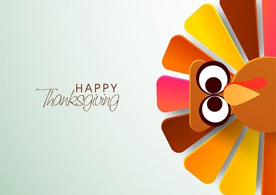A stylized graphic of a cartoon turkey with the text "Happy Thanksgiving."
