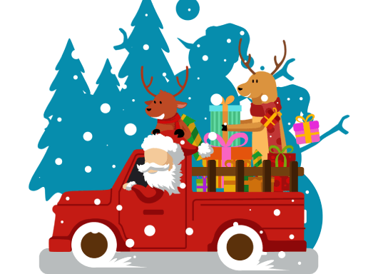 Santa and reindeer in a red truck with gifts, snowy trees in the background.