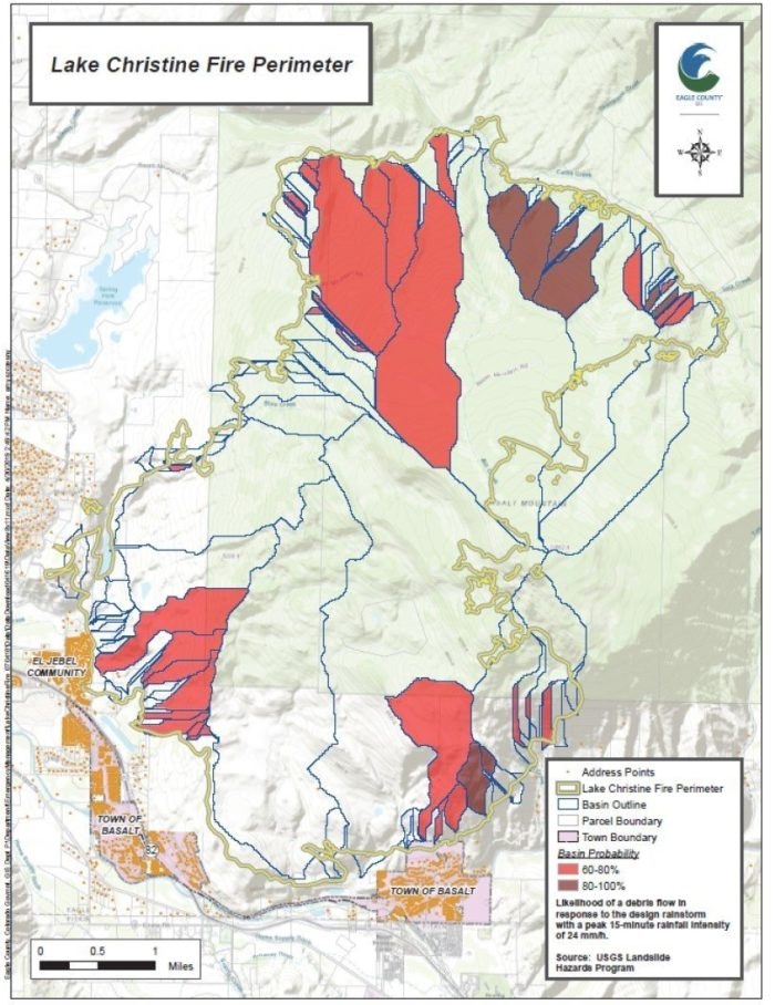 A map showing the Lake Christine Fire perimeter with areas of landslide risk near the town of Basalt.