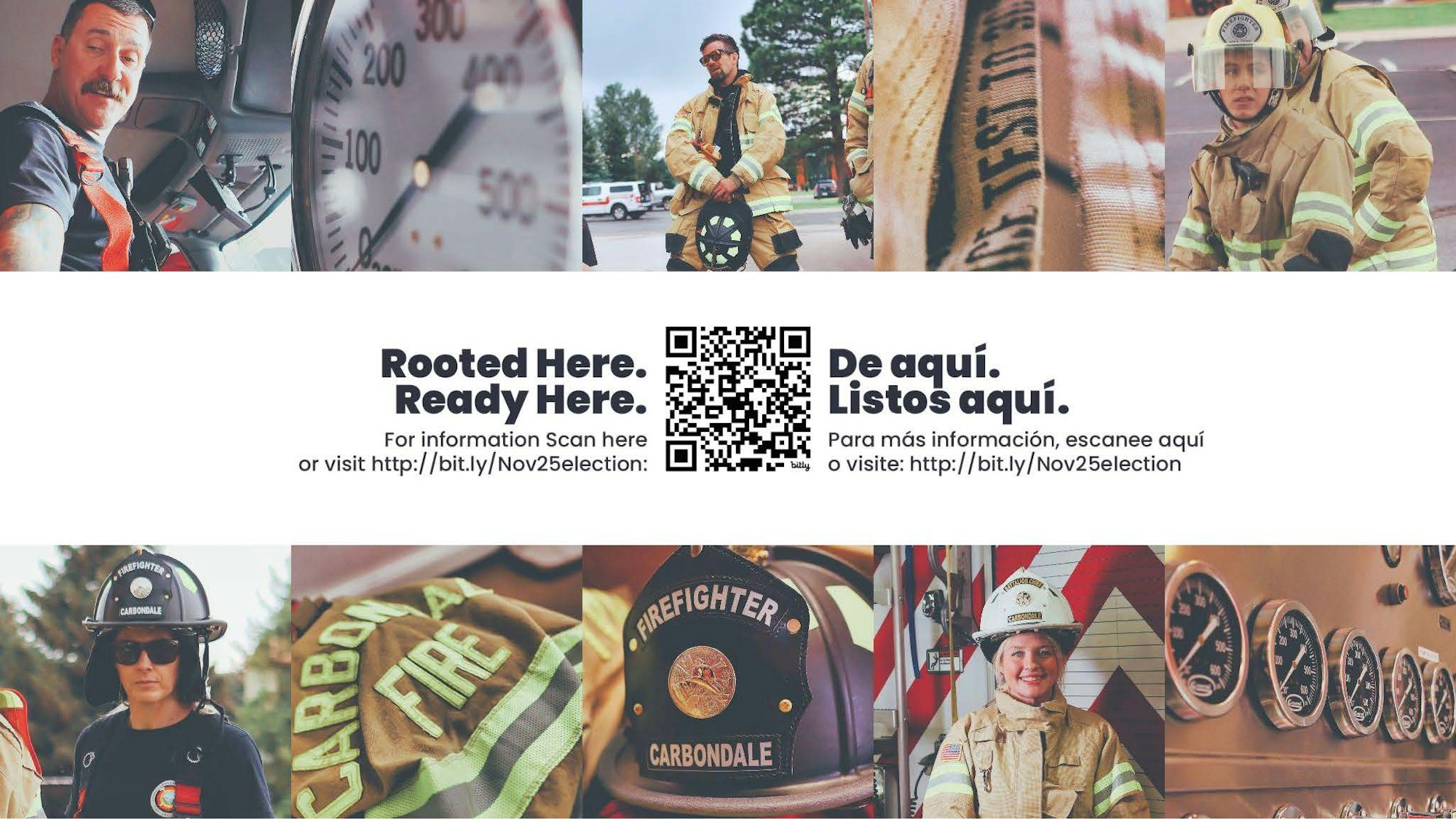 Firefighters and equipment; text promotes an election with "Rooted Here. Ready Here." Includes a QR code and links for more information.