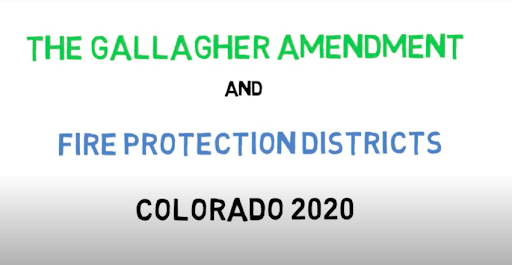 Text slide reading "THE GALLAGHER AMENDMENT AND FIRE PROTECTION DISTRICTS COLORADO 2020" indicating a discussion or presentation on policy.
