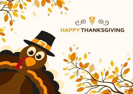 A cartoon turkey with a pilgrim hat, autumn leaves, and "Happy Thanksgiving" text.