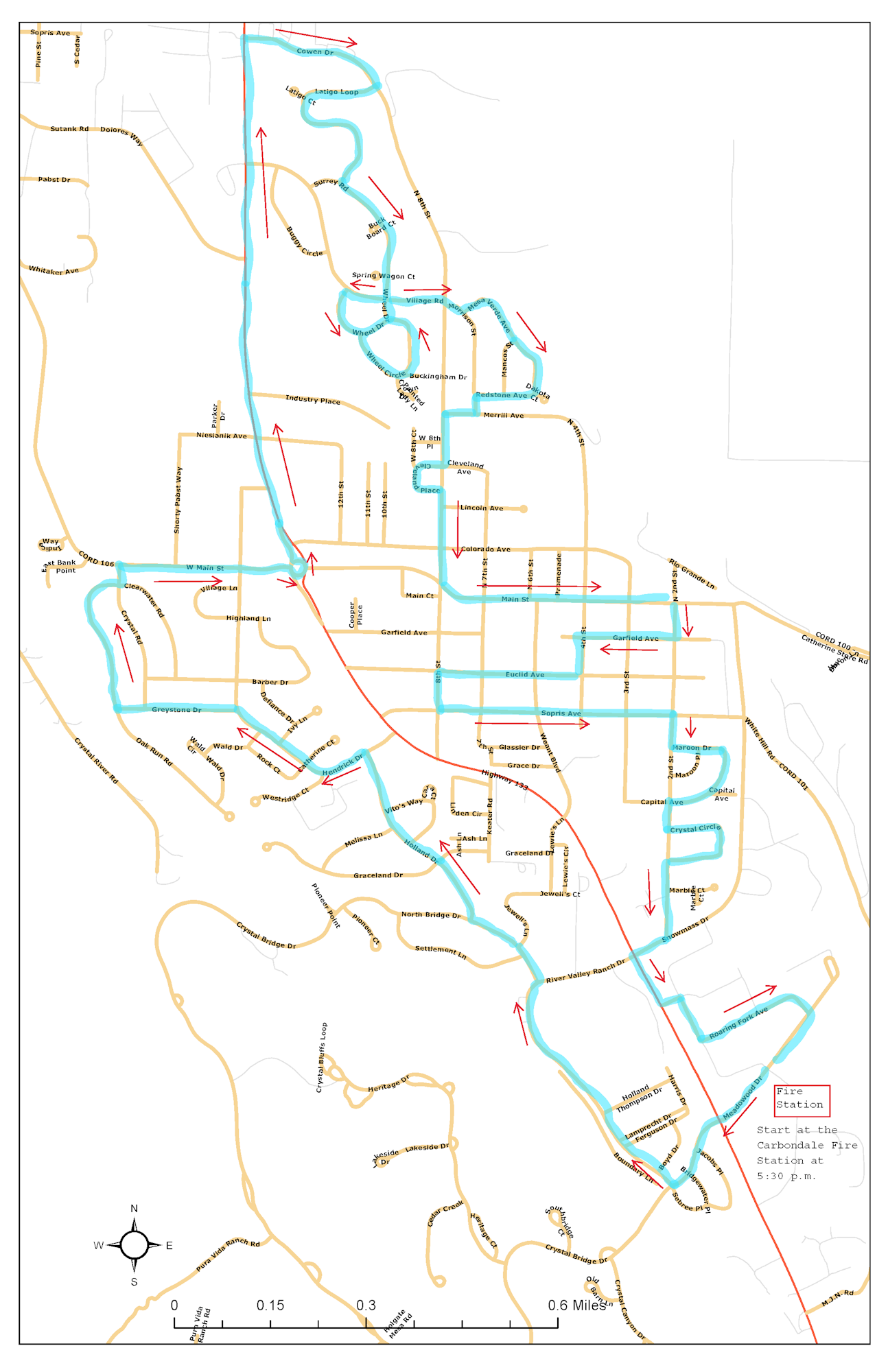 Map of Driving Halloween Engine around Carbondale. Starting at the fire station and heading through RVR and Hendricks ranch to Crystal village. then down 133 to Cowen Drive and weaving the way through town back to the station.