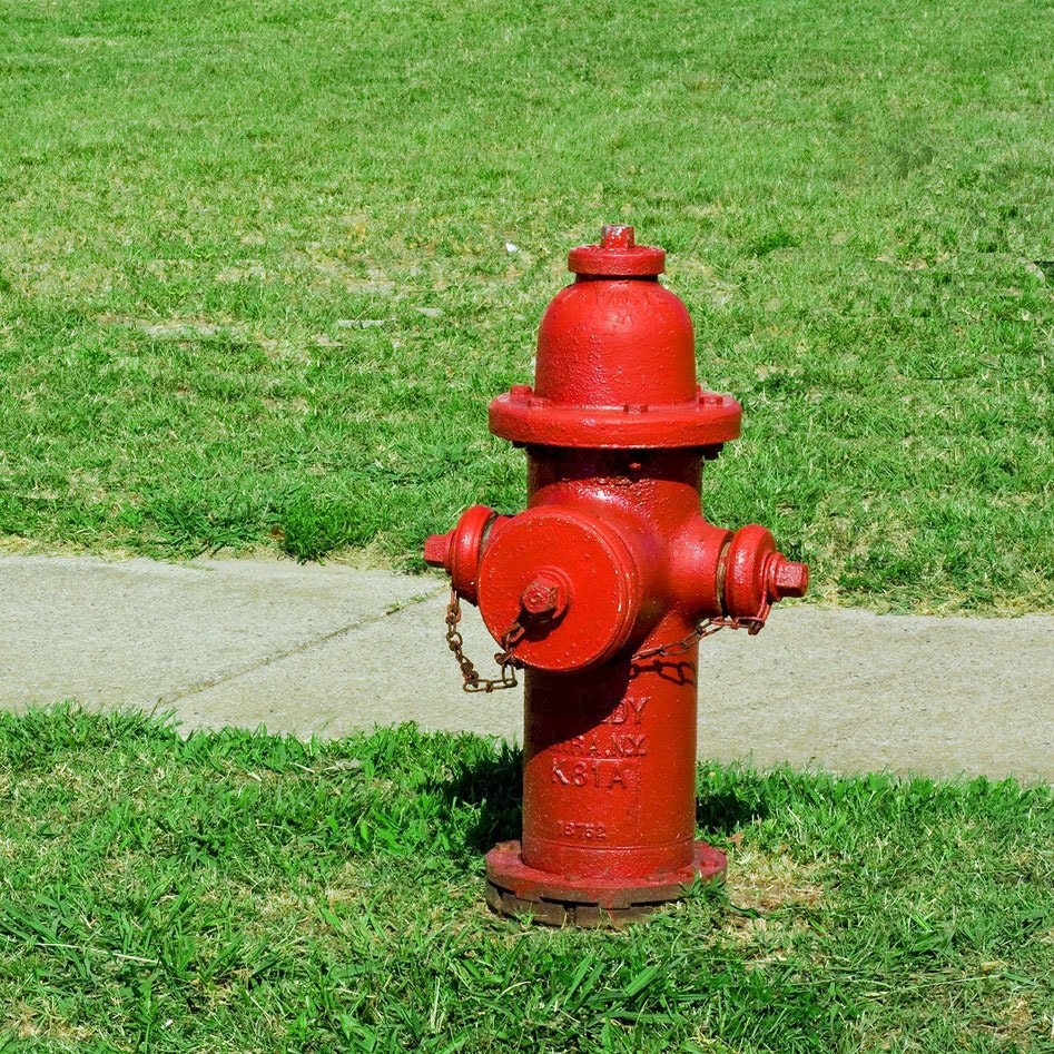 A red fire hydrant on green grass with a concrete sidewalk edge.