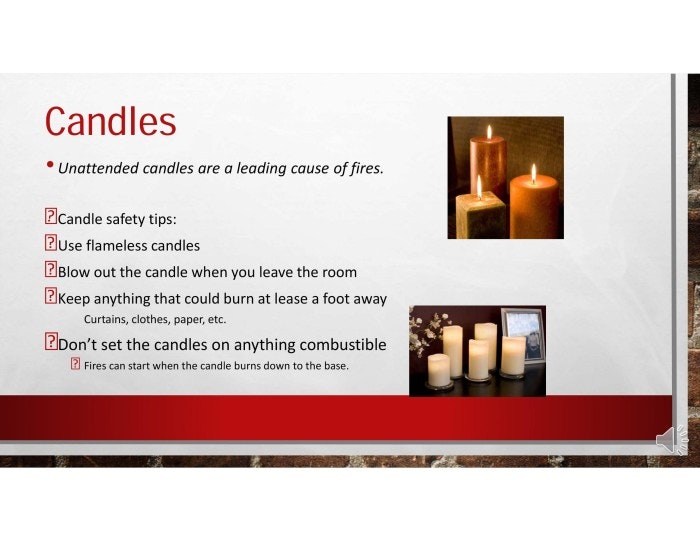 A slide presenting safety tips for candle use to prevent fires, with images of lit candles.