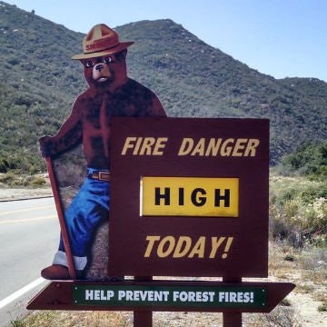 A sign warning of high fire danger today with a mascot urging to prevent forest fires.
