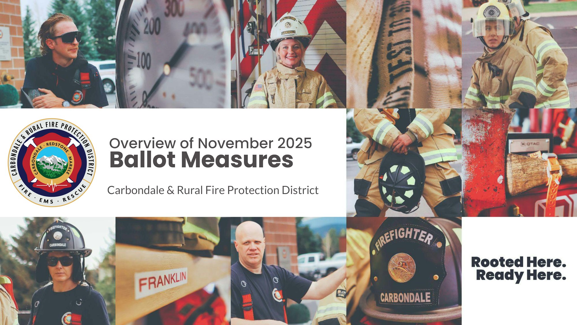 Collage promoting Carbondale & Rural Fire Protection District's November 2025 ballot measures, featuring firefighters and equipment.