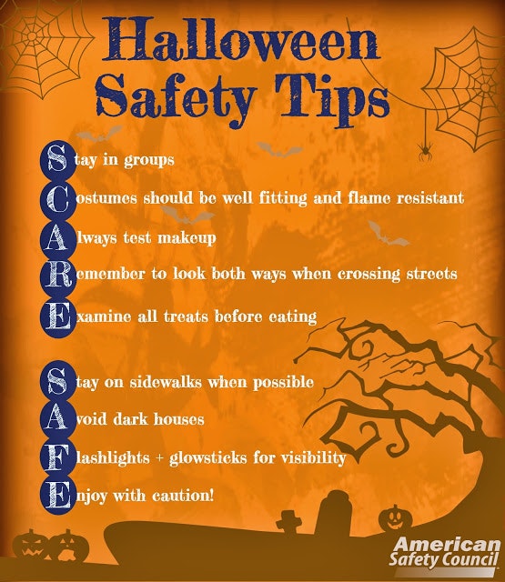 Halloween safety tips poster with advice like staying in groups and examining treats, with a "SCARE SAFE" acronym.