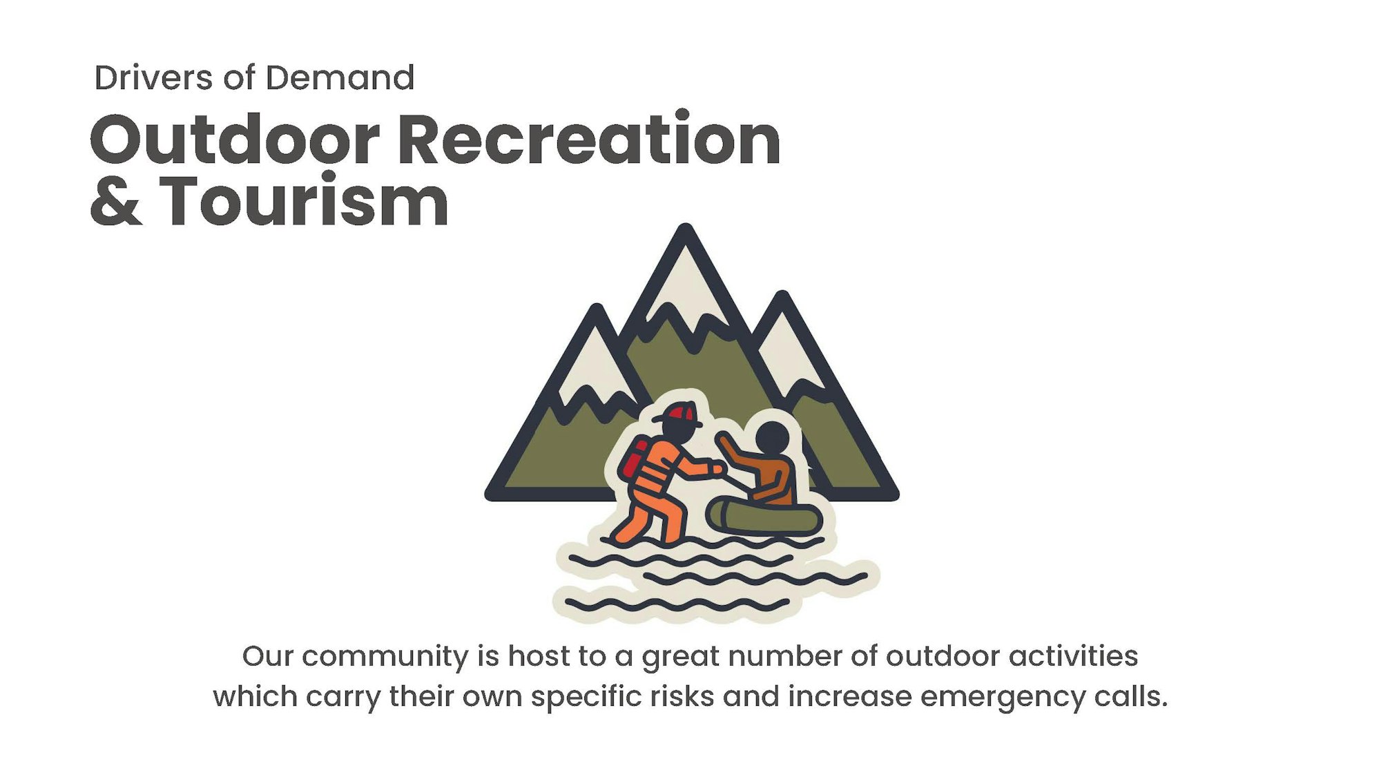 Illustration of outdoor activities, mountains, rescue, and text about recreation and tourism increasing emergency calls.