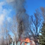 A fire with heavy smoke amidst trees under a blue sky.