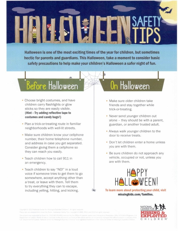 A Halloween safety tips flyer with guidelines for before and on Halloween, emphasizing visibility, planning, and caution.