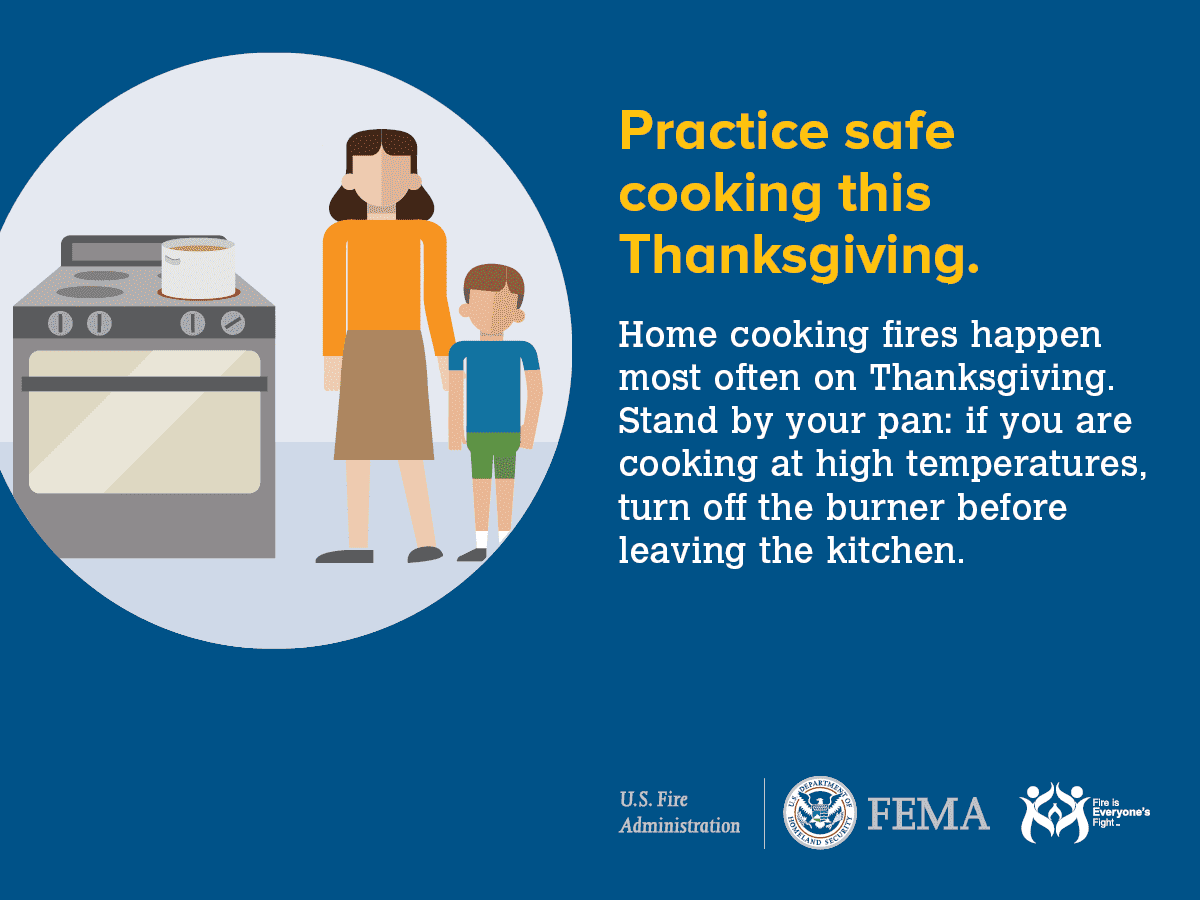 An infographic advising safe cooking practices for Thanksgiving, featuring an adult and child by a stove.