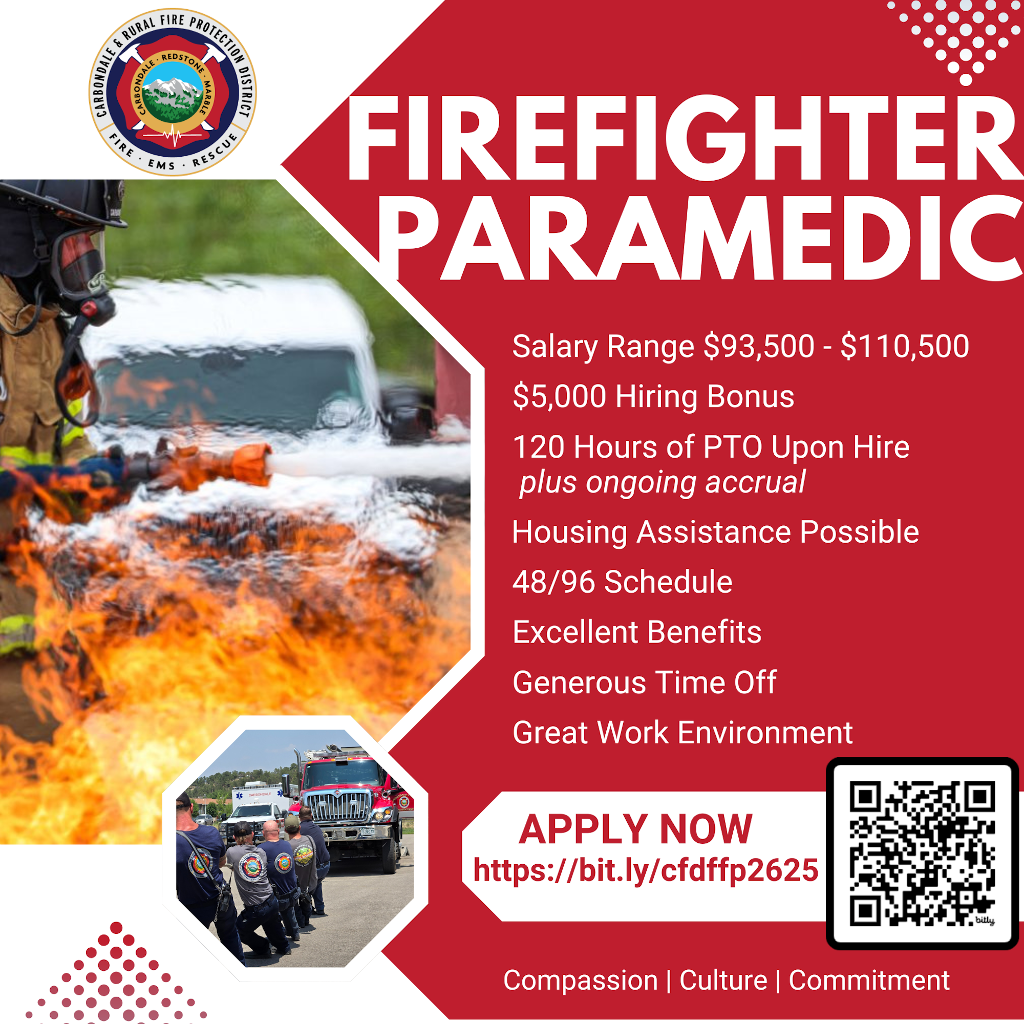 Graphic with firefighter and information for hiring