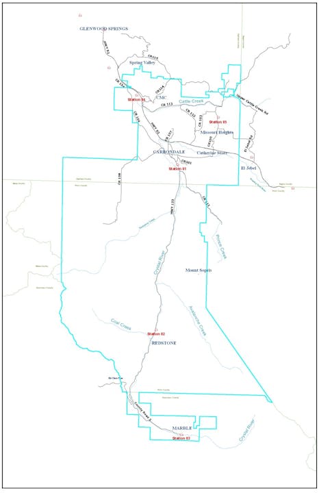A map showing an area with labeled towns, roads, and locations of specific stations in a region.