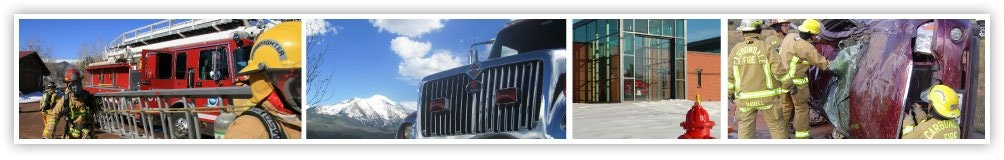A collage showing a fire truck, a firefighter, the front of a truck, a fire station, and firefighters at a car wreck.