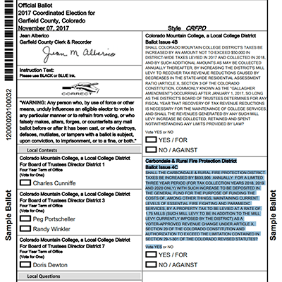 Sample ballot from Garfield County, Colorado, for an election with various local issues and candidate selections.