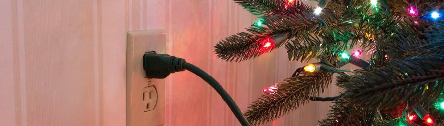 Christmas lights plugged into a wall socket next to a tree branch.